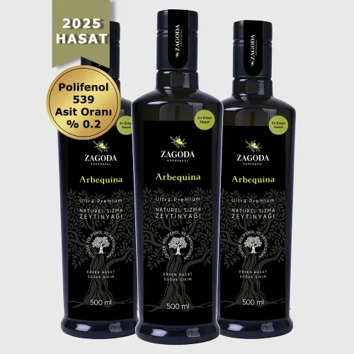 Zagoda Arbequina Organik Natürel Sızma Zeytinyağı 3 Adet 500 ml Cam Şişe 2025 Hasat En Erken Hasat