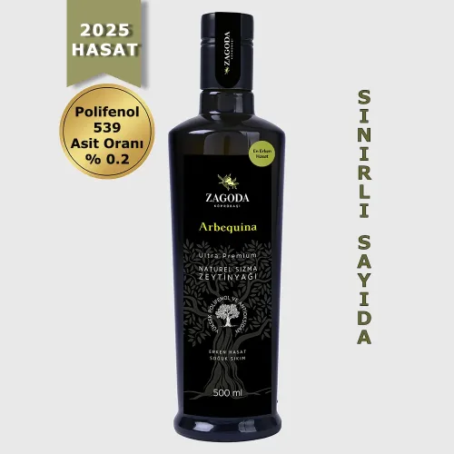 Zagoda Arbequina Natürel Sızma Zeytinyağı 500 ml Cam Şişe 2025 Hasat En Erken Hasat Filtresiz