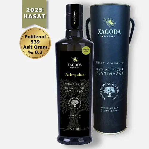 Zagoda Arbequina Natürel Sızma Zeytinyağı 500 ml Cam Şişe 2025 Hasat En Erken Hasat Hediye Kutulu