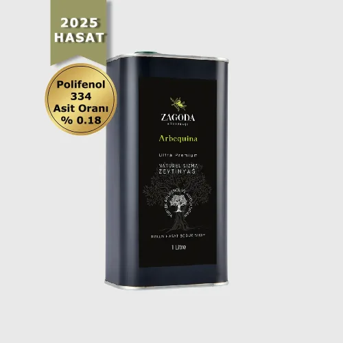 Zagoda Arbequina Natürel Sızma Zeytinyağı 1 Litre Teneke 2025 Hasat Erken Hasat