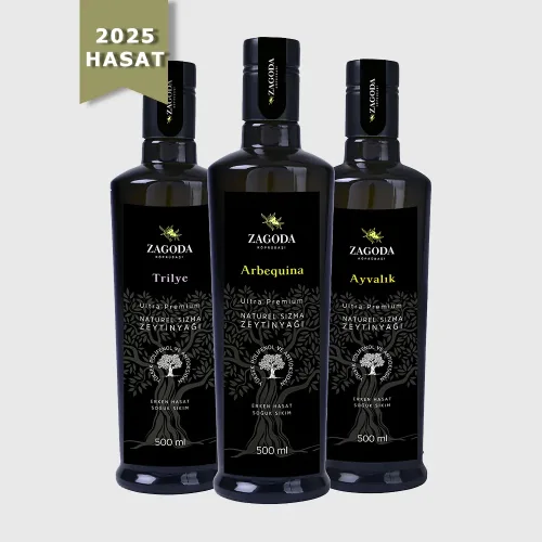 Zagoda Arbequina Trilye Ayvalık Organik Natürel Sızma Zeytinyağı 3 Adet 500 ml Cam Şişe 2025 Hasat Erken Hasat